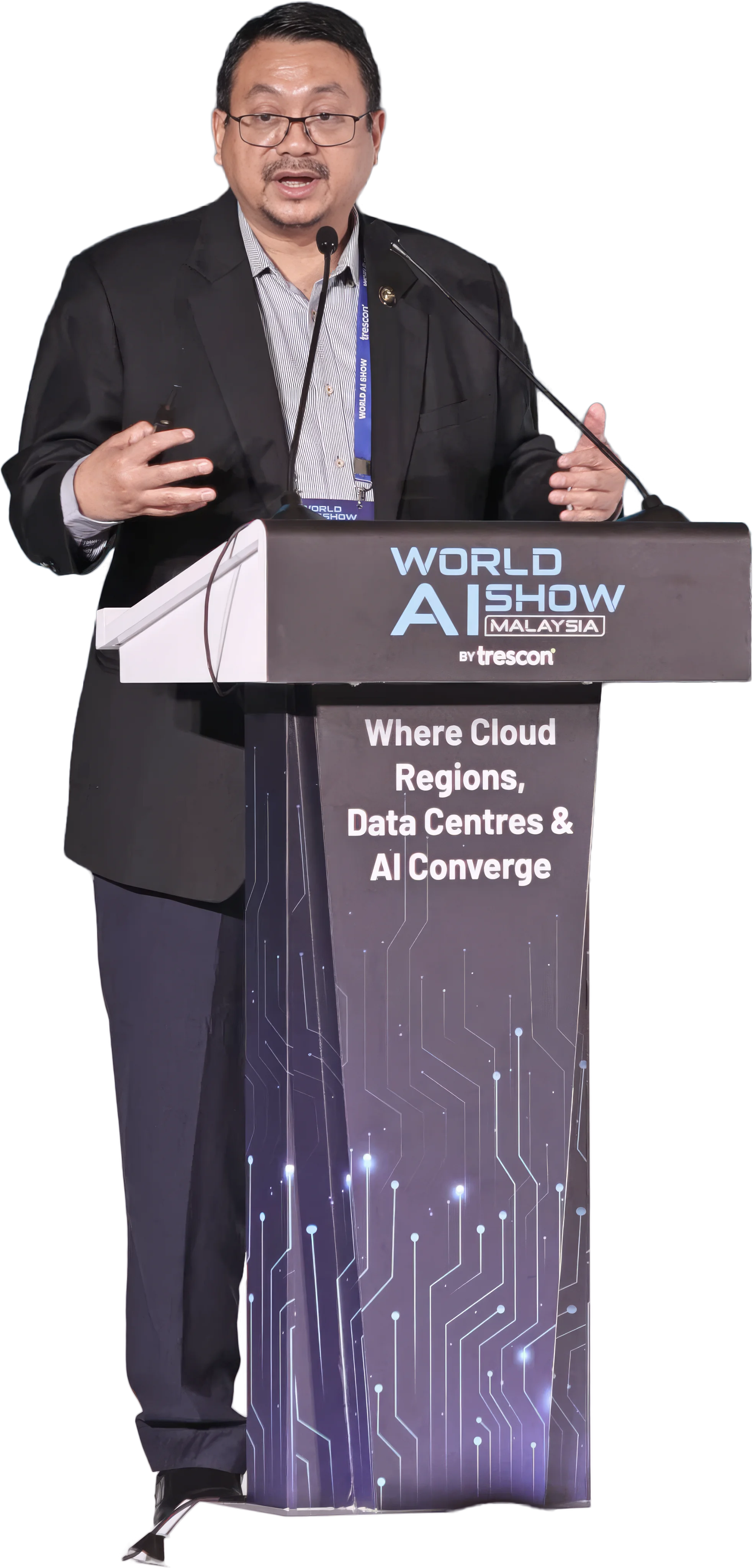 Speaker presenting on stage at World AI Show Malaysia